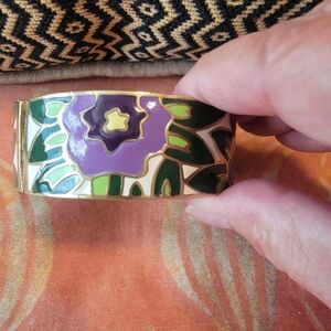 Lee Angel Floral Enamel Brass Hinged Clapper Bracelet